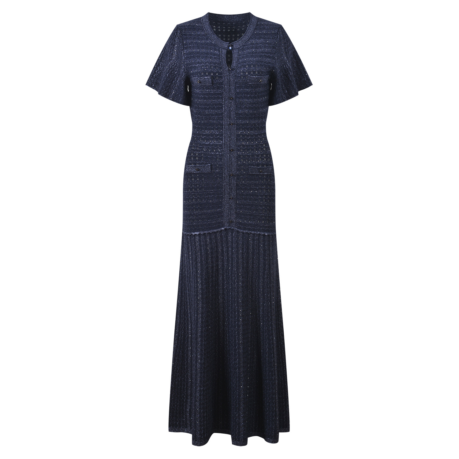 Spring/Summer 2026 New Arrival: Navy Blue Single Button Shimmering Striped Long Dress with Round Neck and Short Sleeves, Stylish and Elegant.