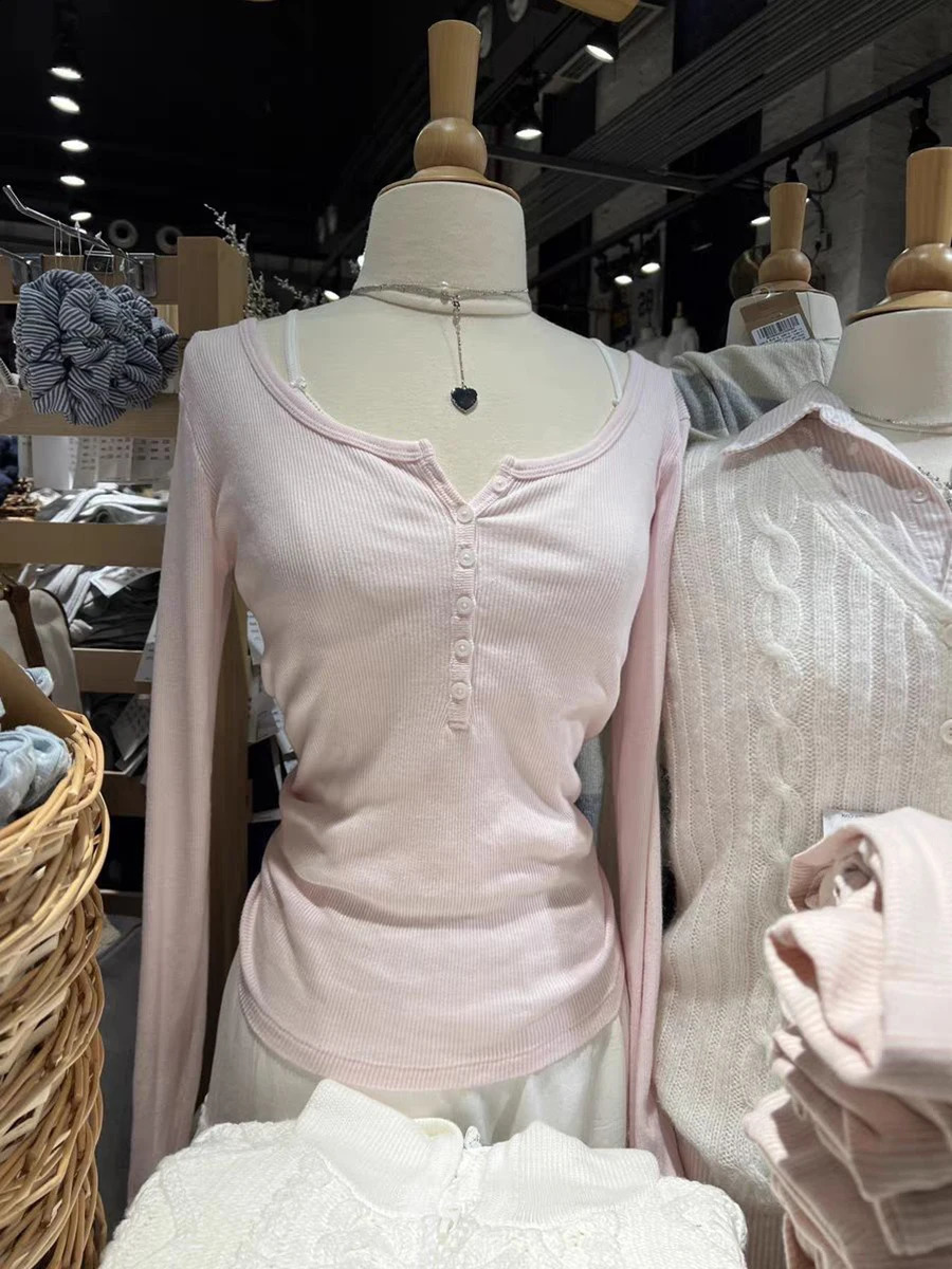 Six Buttons Ribbed Long Sleeve T-shirts Women Spring Round Neck Cotton Slim Tee Top Female Sweet Cute Pink Tshirt Y2k Tops 260124