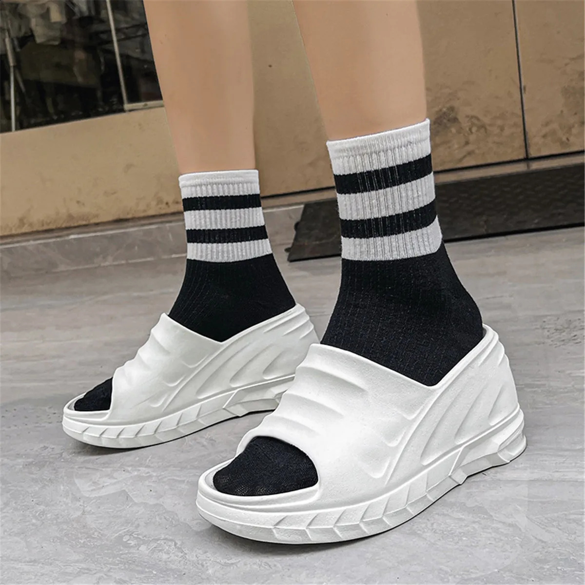 Women Fashion Summer 8 cm Chunky Sole Wedges Heels Flip Flops Casual Shoes Waterproof Taiwan Slippers Sexy Lady Sandals 260209