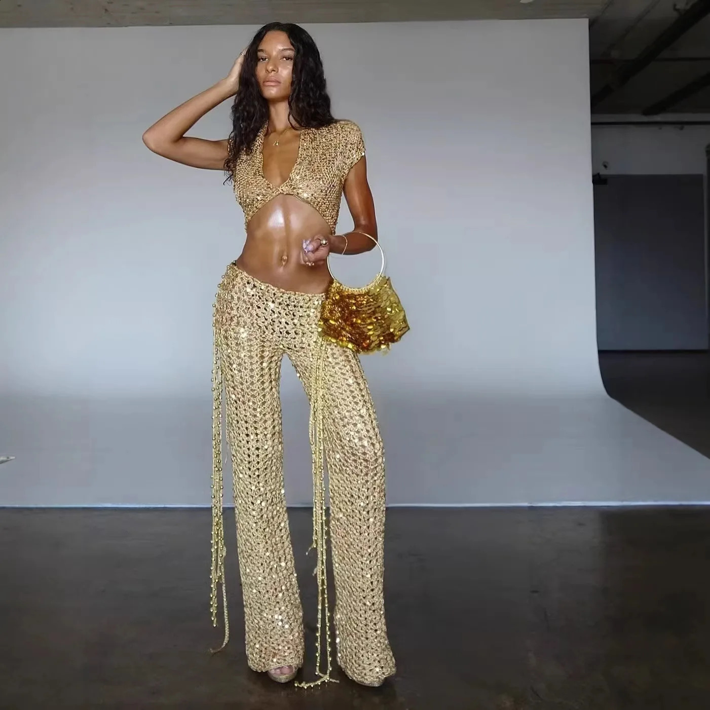 Sexy Sequin Hollow Out Pants Set V-neck Short Sleeved TopPants Two Piece Set Fashion Party Clubwear Evening Festival Outfit 260209