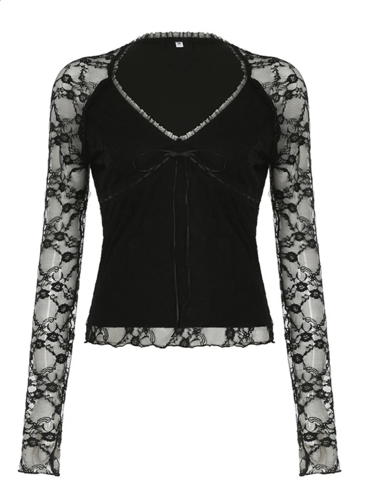 AltGoth Sexy Aesthetic Lace T-shirt Women Vintage Dark Gothic See Through Long Sleeve V-neck Crop Tee Tops Y2k Rave Outfit Femme 260122