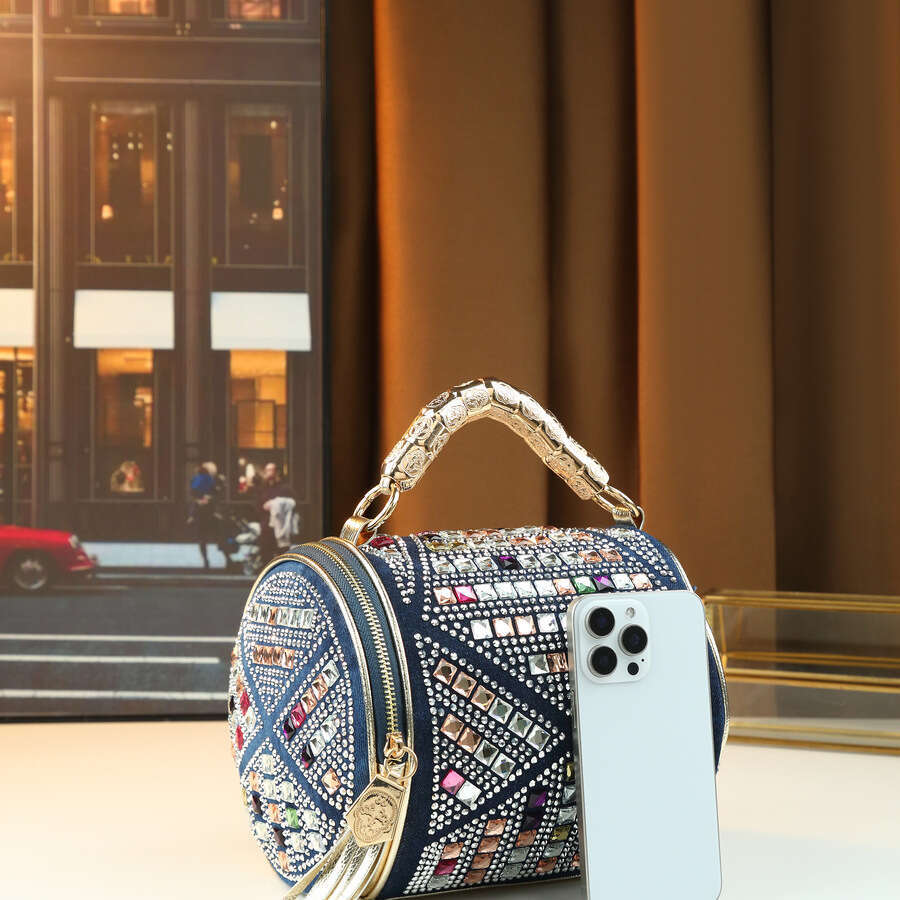 Spring summer fashion new colorful rhinestone-embellished cylindrical handbag for women, American-style banquet woven pattern shoulder and crossbody b