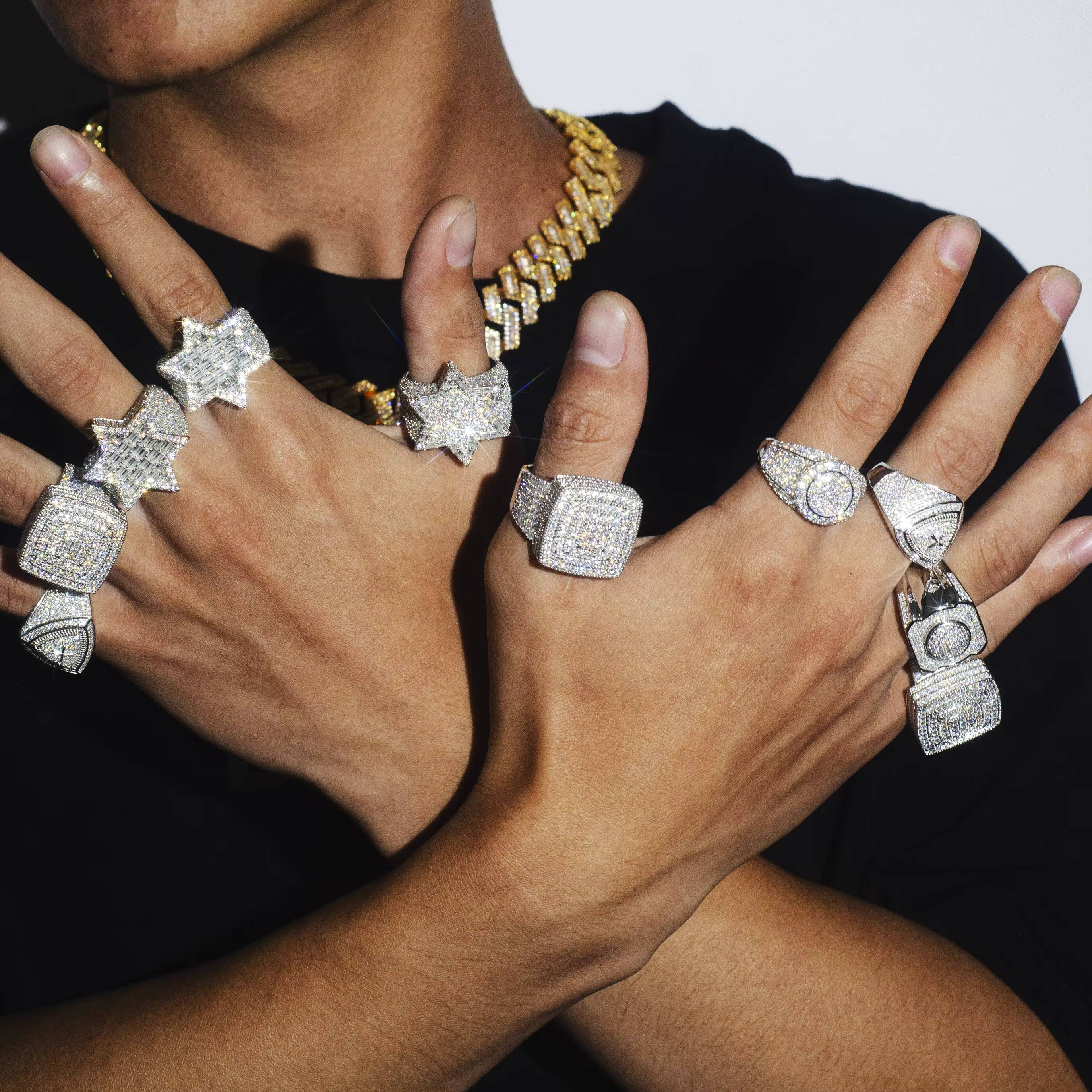 Factory Custom Luxury Jewelry 925 Silver VVS Moissanite Diamond Hip Hop Star Ring Iced Out Letter Ring Fine Jewelry for Men