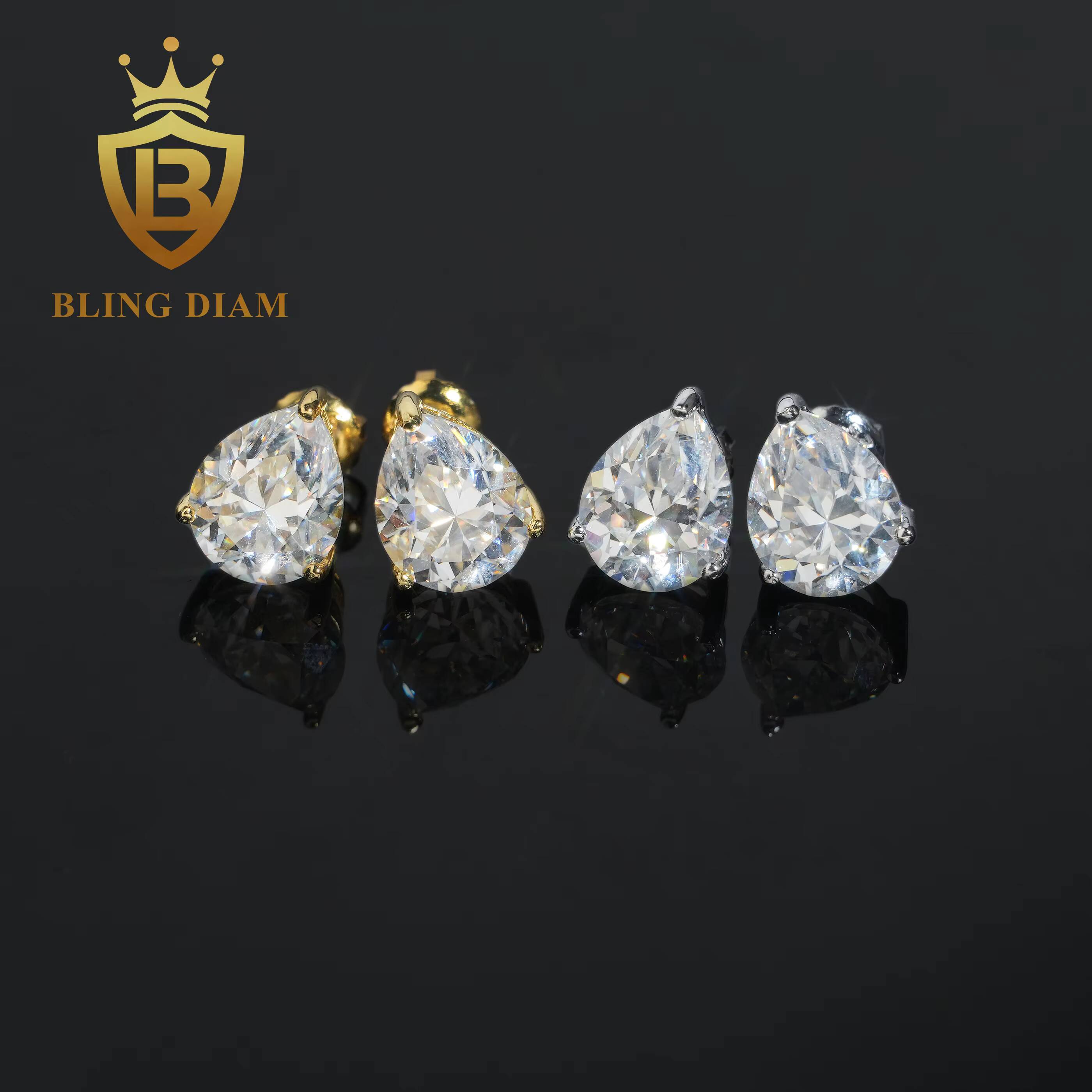 GRA Certificate 2ct Pear Cut Moissanite Diamond Earrings 925 Sterling Silver Hip Hop Stud Earrings Screw Back