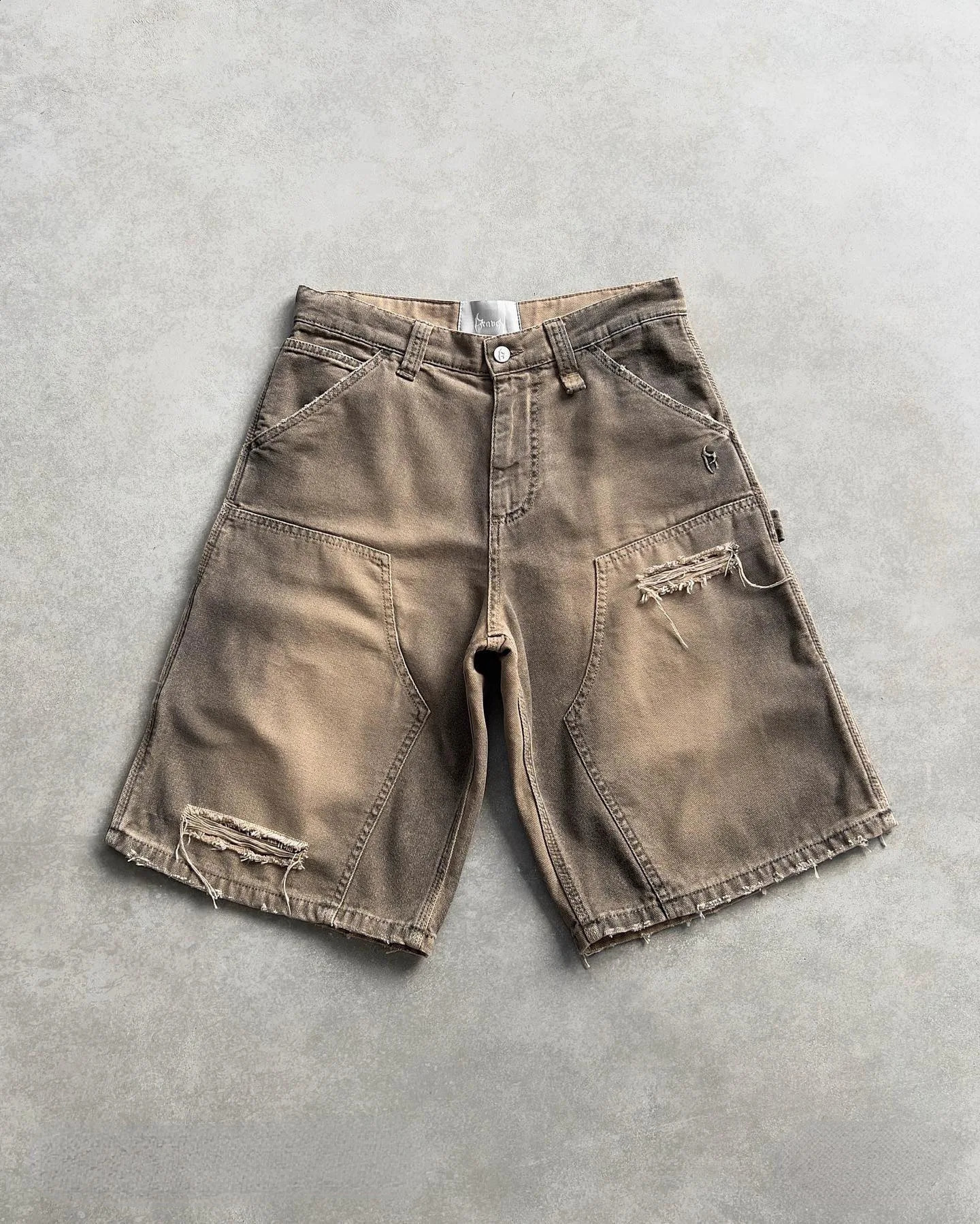 Mens Vintage Washed Denim Shorts Destroyed Mid Thigh Cargo Pockets Distressed Raw Hem Baggy Retro Streetwear Workwear Style 260209