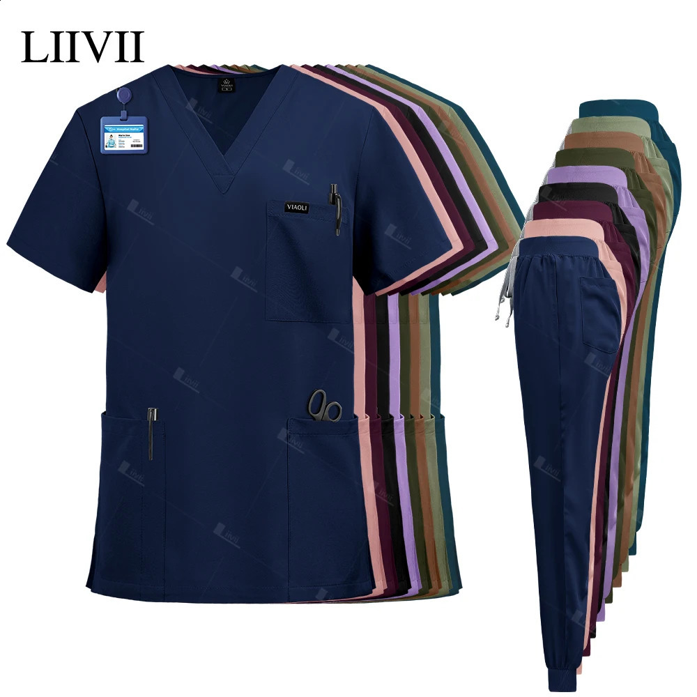 Nurse Uniforms Scrubs Set Beauty Salon Lab Workwear Clinical Scrub Top Pants Doctor Nursing Suit Woman Men 260209