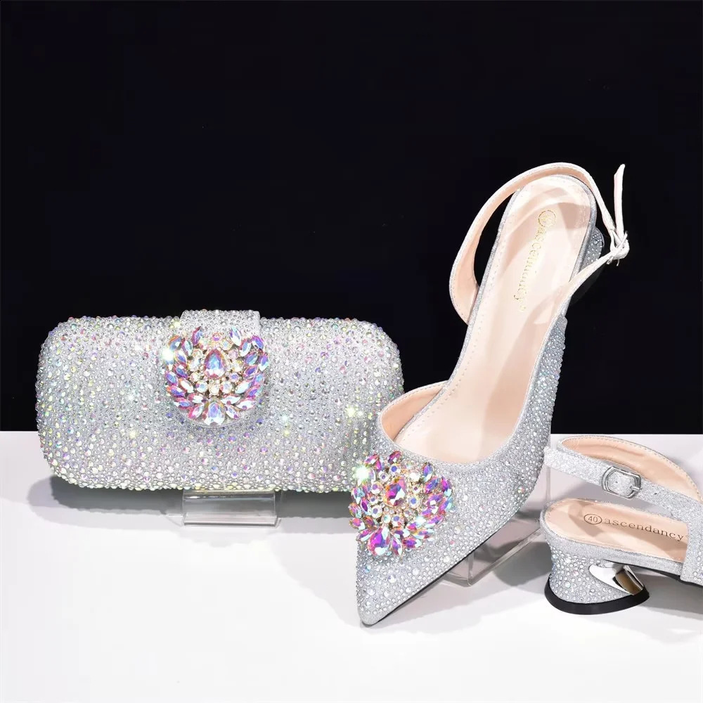 Purple Shoe and Bag Set Party Womens Shoes and Bags with Italian Elegant Diamond Womens High Heels Pump Womens Wedding Set 241024