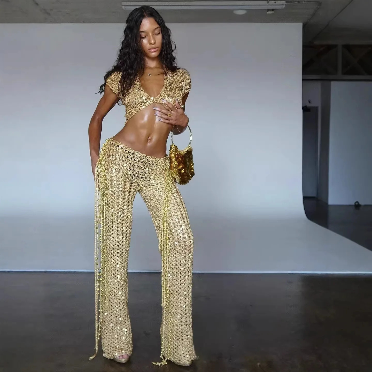 Sexy Sequin Hollow Out Pants Set V-neck Short Sleeved TopPants Two Piece Set Fashion Party Clubwear Evening Festival Outfit 260209