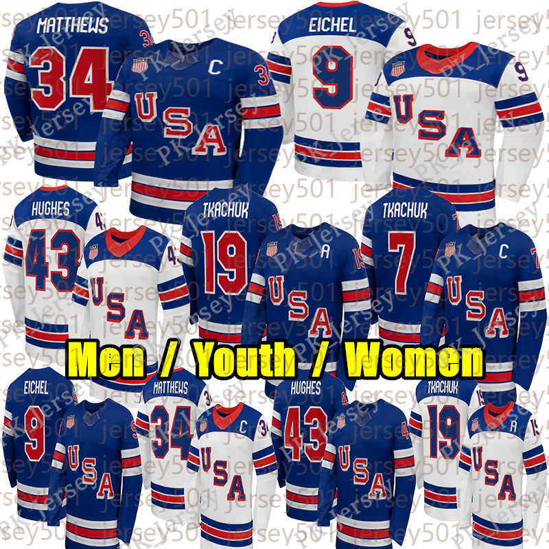 34 Auston Matthews USA hockey jersey 2026 Olympices Jersey 9 Jack Eichel Quinn Hughes Matthew Tkachuk Dylan Larkin JT Miller Vincent Trocheck Clayton Keller jerseys