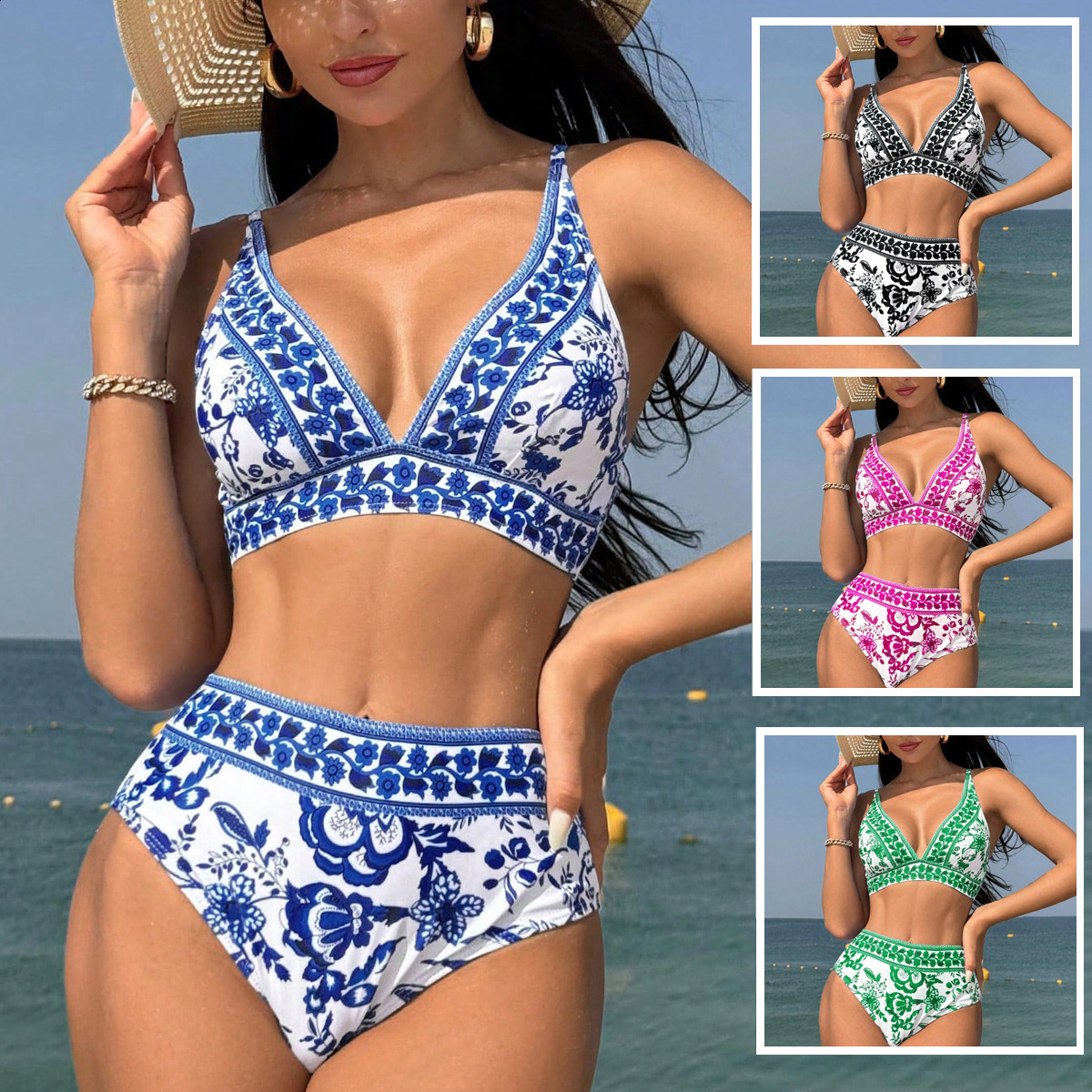 2025 New Two-Piece Bikini Swimsuit High-Waisted Printed Bohemian Style Sexy Swimwearbathing250107