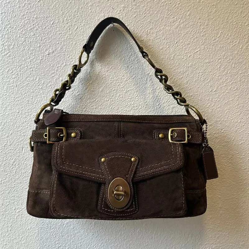 Suede Shoulder Bag Creative Double Pocket Underarm Bag Vintage Womens Bag Large Capacity Commuter Bag Retro Adjustable Handbags 260207