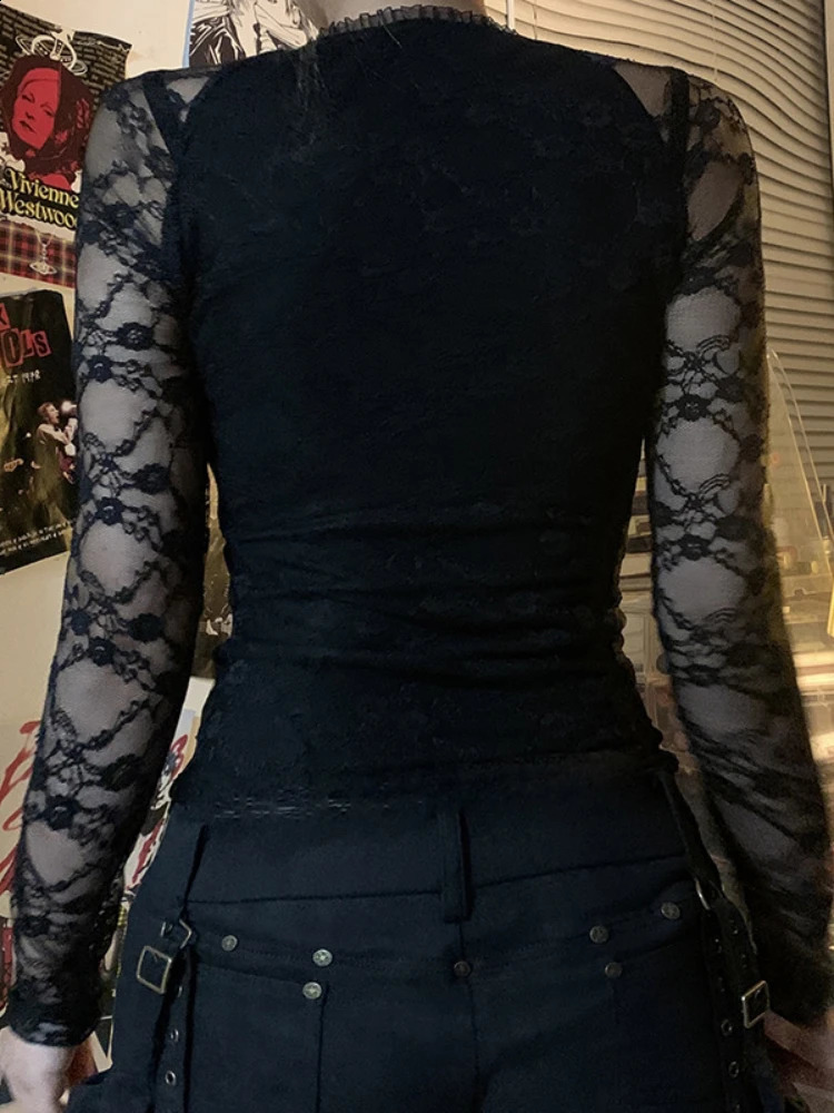 AltGoth Sexy Aesthetic Lace T-shirt Women Vintage Dark Gothic See Through Long Sleeve V-neck Crop Tee Tops Y2k Rave Outfit Femme 260122
