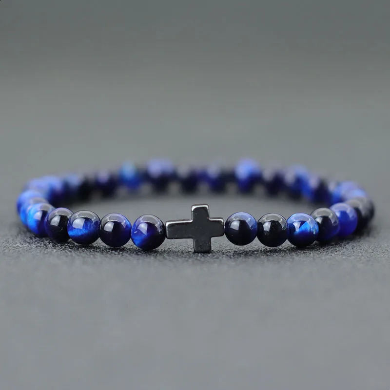 Minimalist Mens Cross Bracelet 6mm Natural Tiger Eyes Stone Braclet Gift For Him Camping Accessories Bileklik Erkek Pulseira 260206 - view 6