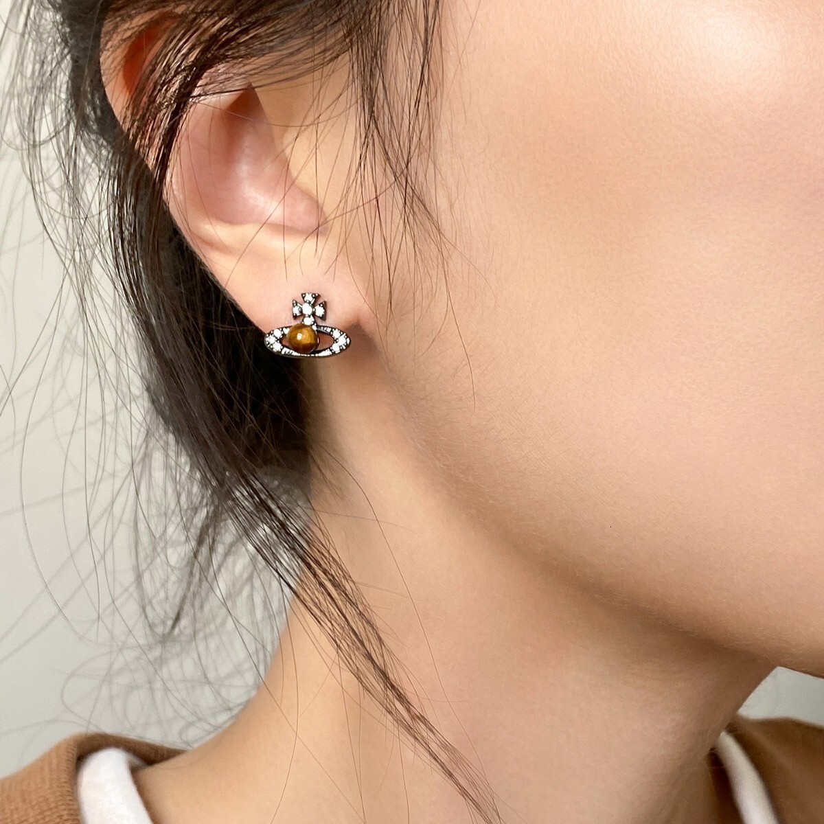 Luxury Brand Designer Jewelry 925 Silver Needle Sweet Cool Style Saturn Natural Tiger Eye Stone Earrings For Women Western Empress Asteroid Personalit