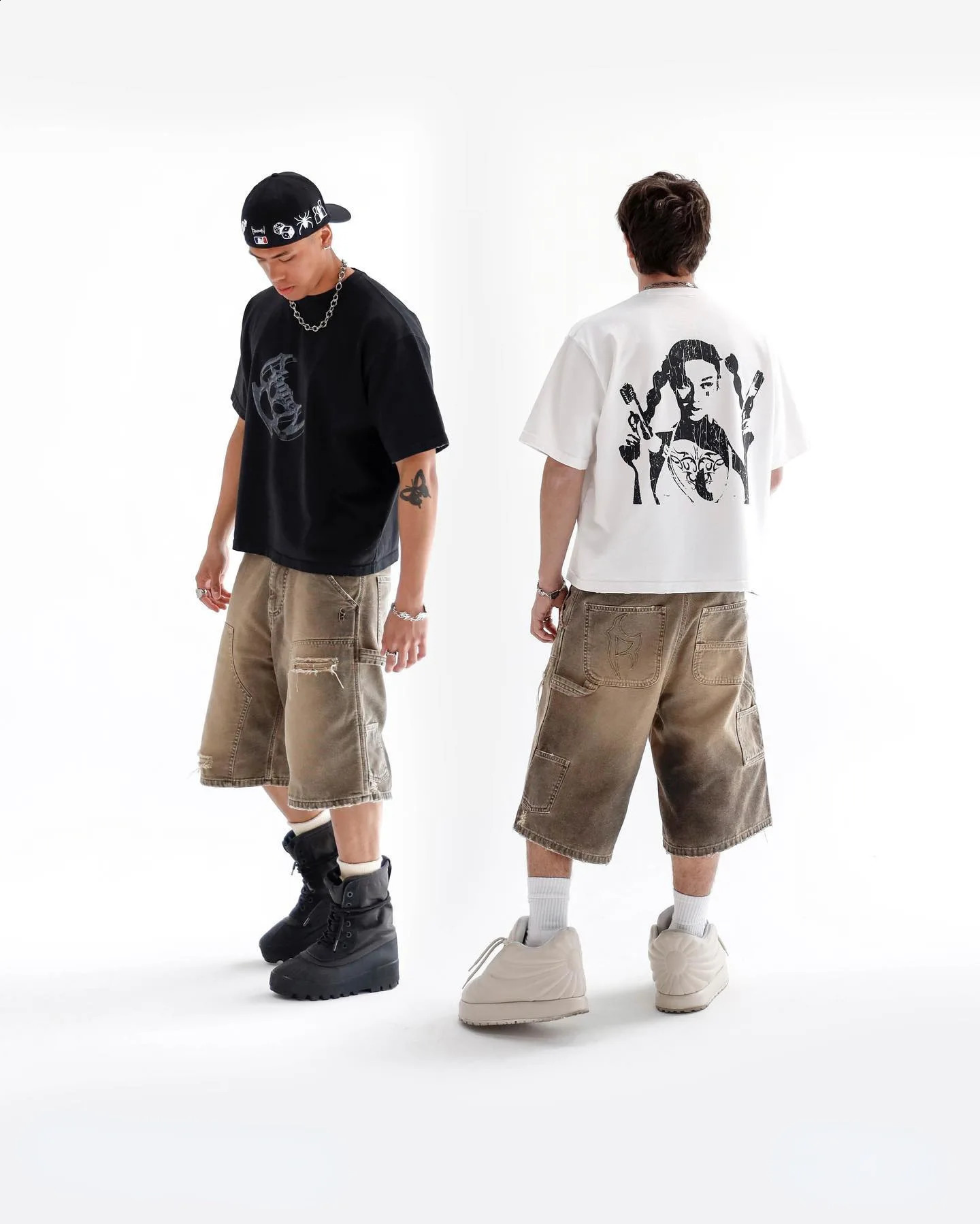 Mens Vintage Washed Denim Shorts Destroyed Mid Thigh Cargo Pockets Distressed Raw Hem Baggy Retro Streetwear Workwear Style 260209