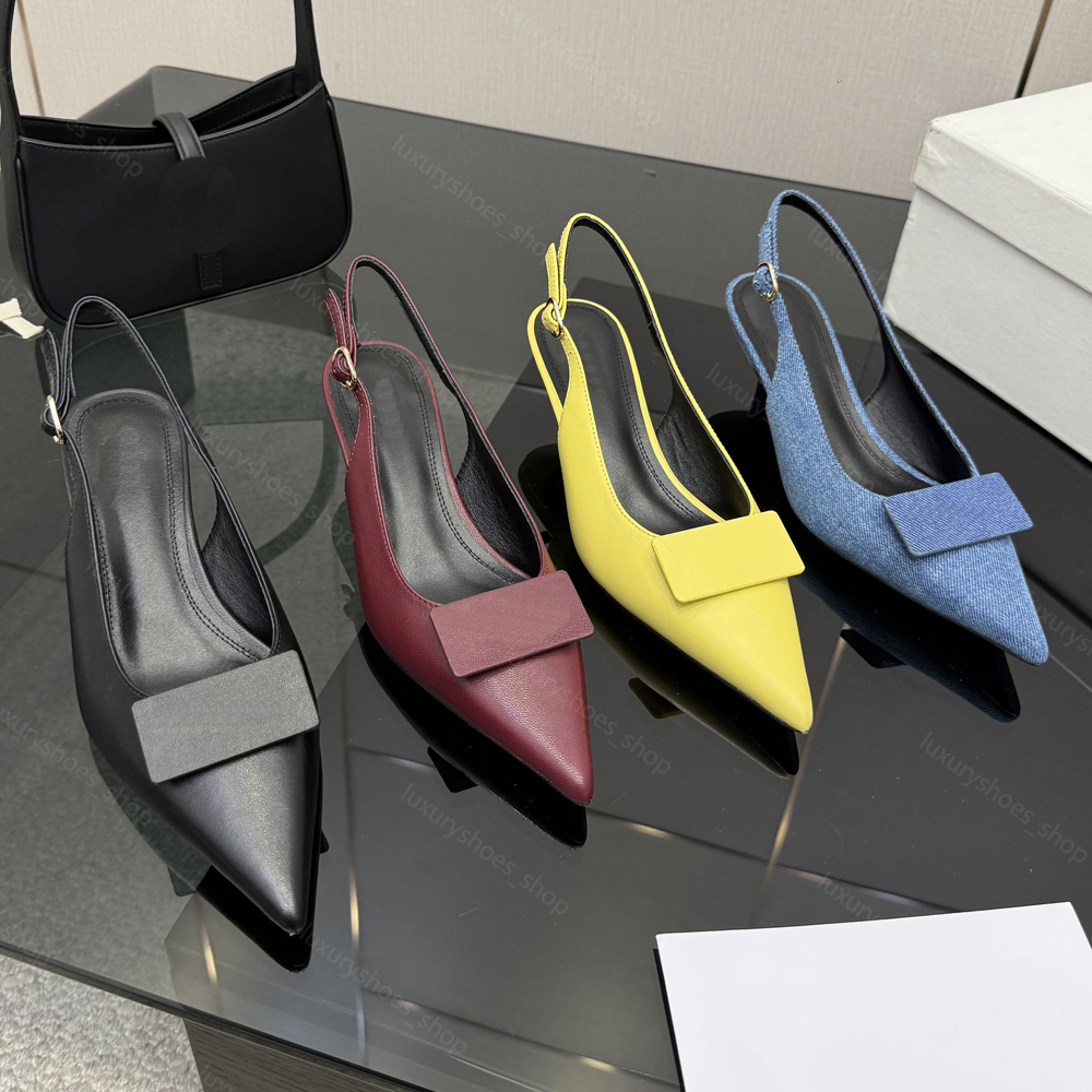 Kitten Heel Slingback Sandals Pointed Toe leather Denim Buckle details Women's luxury designers Evening party shoes 5.5cm Size 35-42 With Box
