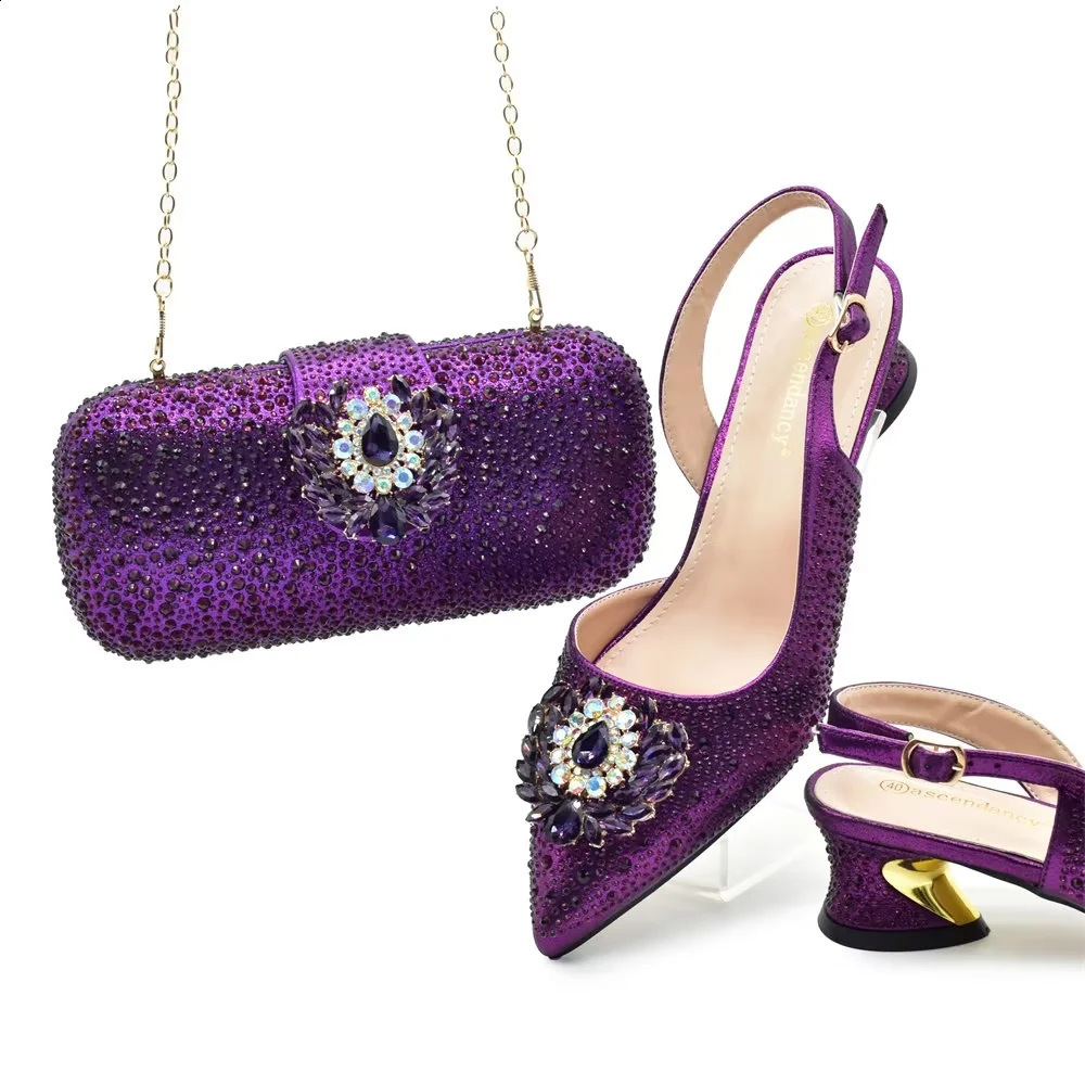 Purple Shoe and Bag Set Party Womens Shoes and Bags with Italian Elegant Diamond Womens High Heels Pump Womens Wedding Set 241024
