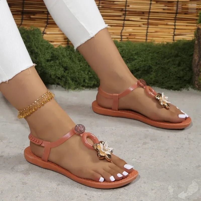 Summer Womens Bohemian Sandals Light Flat Open-toed Rhinestone Beach Shoes Non-slip Wear Womens Shoes 260305