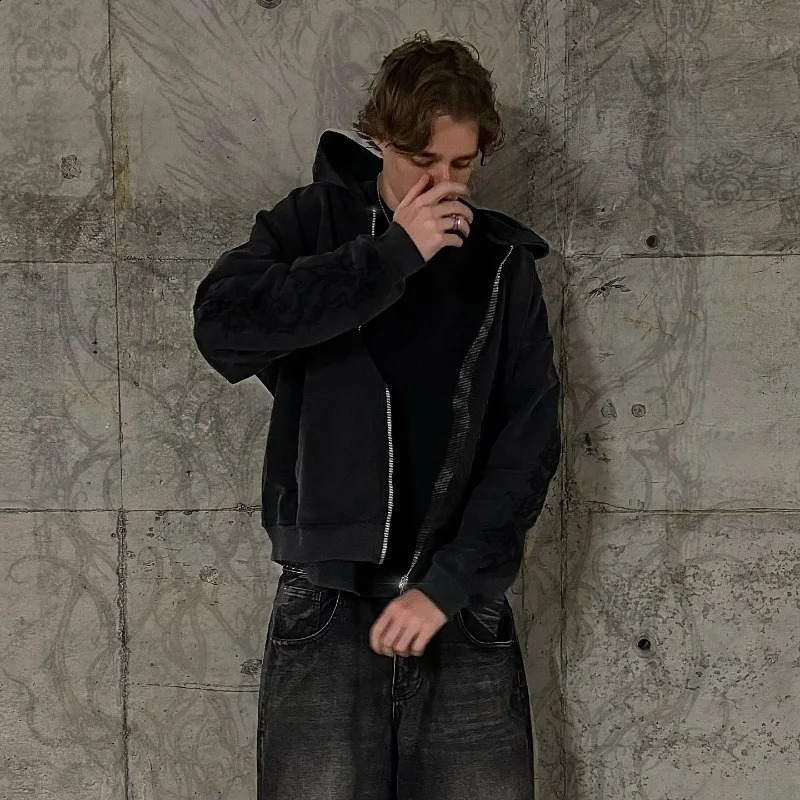 Mens Hoodie Harajuku Y2K Vine ed High Street Washed Black Gray Sweatshirt Gothic Casual Streetwear Loose Fit Fashion 260207