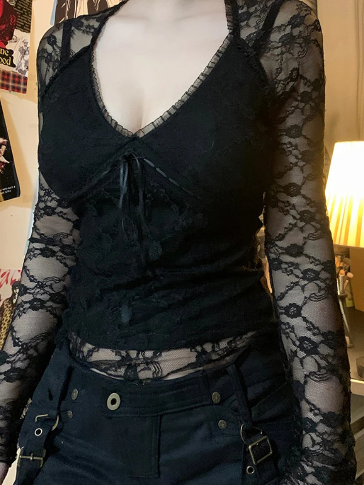 AltGoth Sexy Aesthetic Lace T-shirt Women Vintage Dark Gothic See Through Long Sleeve V-neck Crop Tee Tops Y2k Rave Outfit Femme 260122
