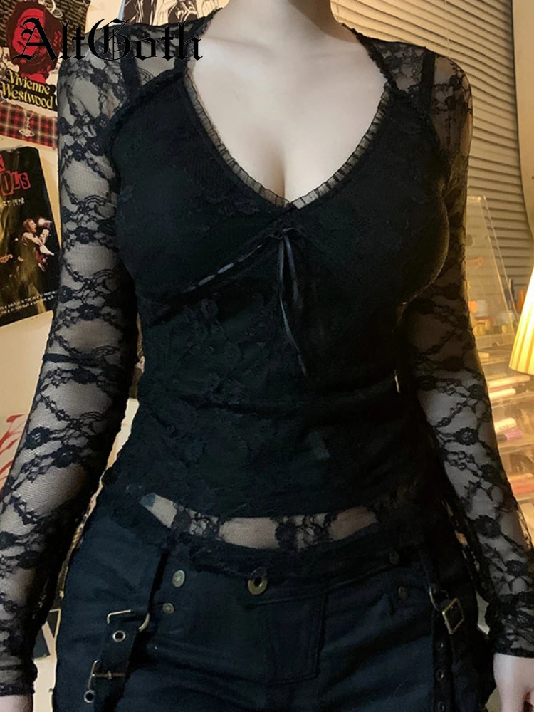 AltGoth Sexy Aesthetic Lace T-shirt Women Vintage Dark Gothic See Through Long Sleeve V-neck Crop Tee Tops Y2k Rave Outfit Femme 260122