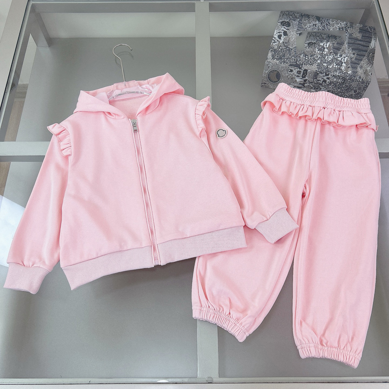 Brand Kids Hoodie Summer Casual Sweater Clothing SetsPink Ruffle Edge Girls' Hooded Sweatshirt Leg Binding Pants Set Gray Round Neck Sweatshirt Pleated Skirt Set