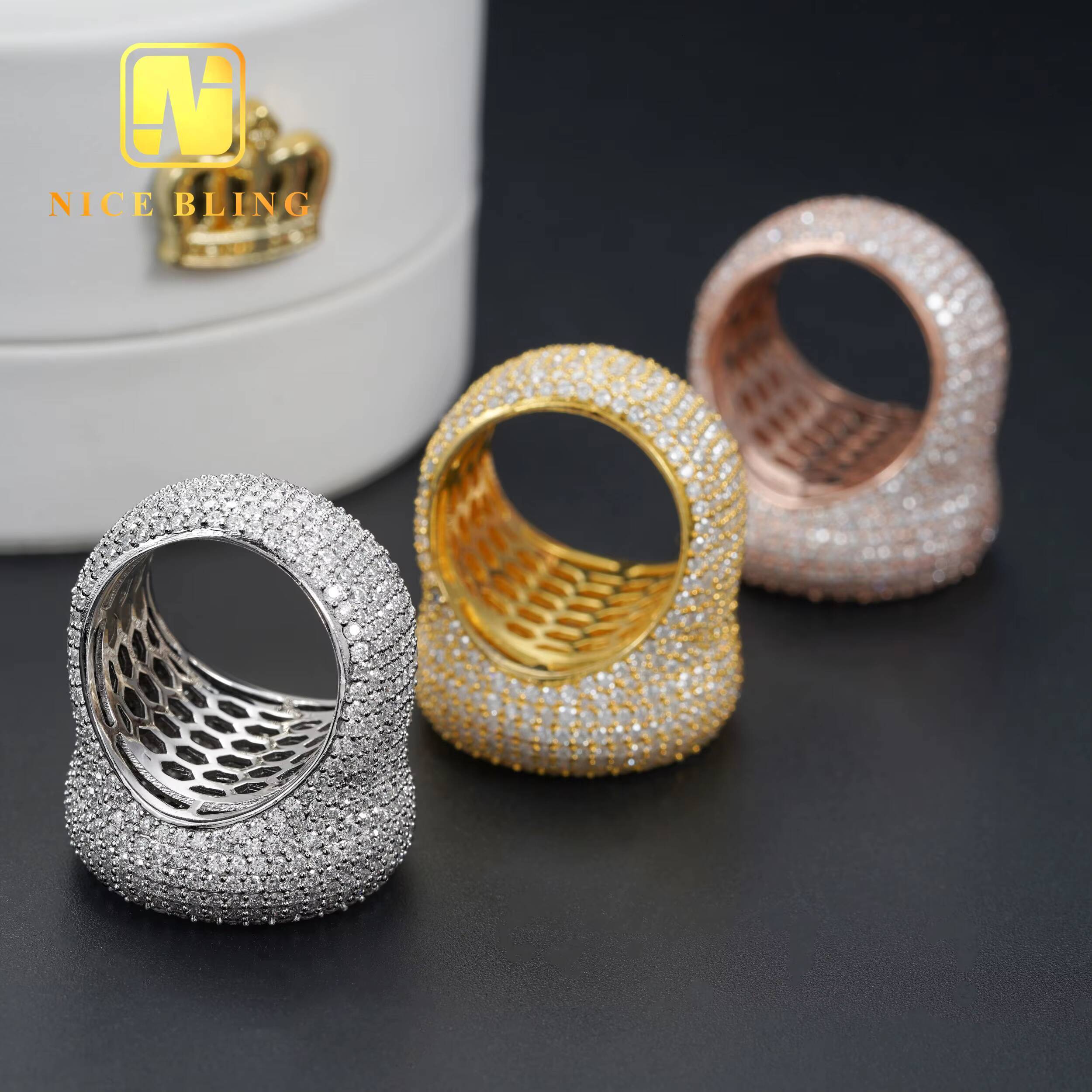 Stock Pass Diamond Tester Hip Hop Jewelry 925 Silver Fully Iced Bubble Edge Round Diamond Moissanite Men Ring