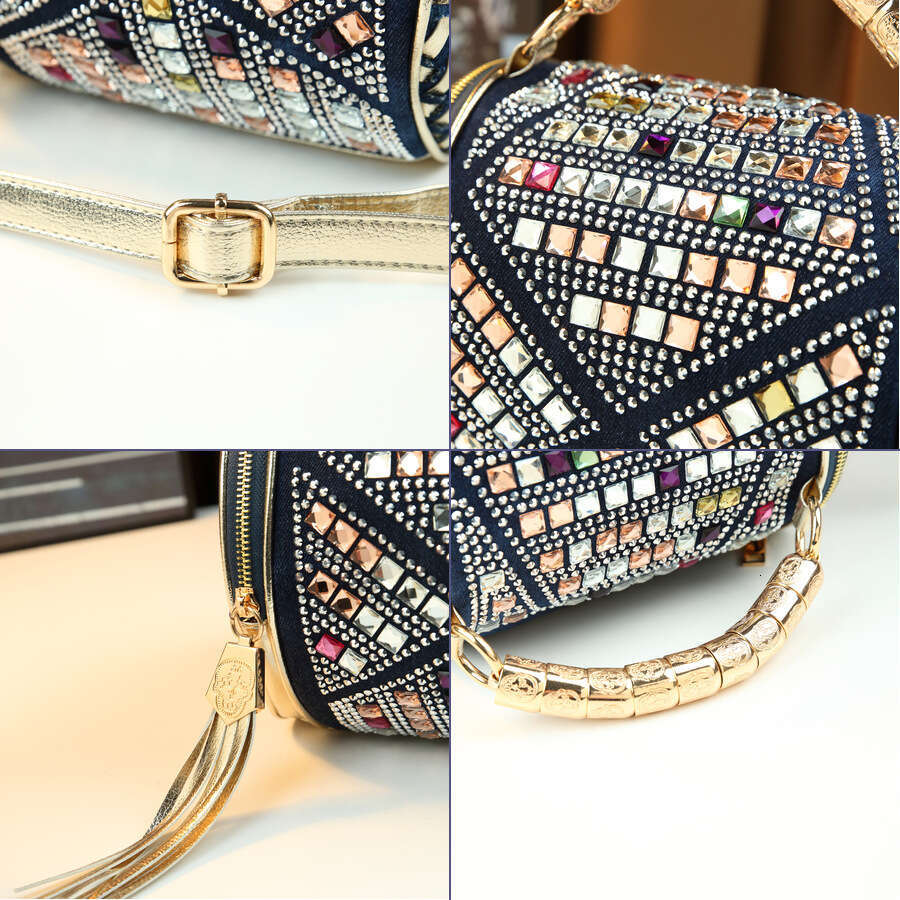 Spring summer fashion new colorful rhinestone-embellished cylindrical handbag for women, American-style banquet woven pattern shoulder and crossbody b