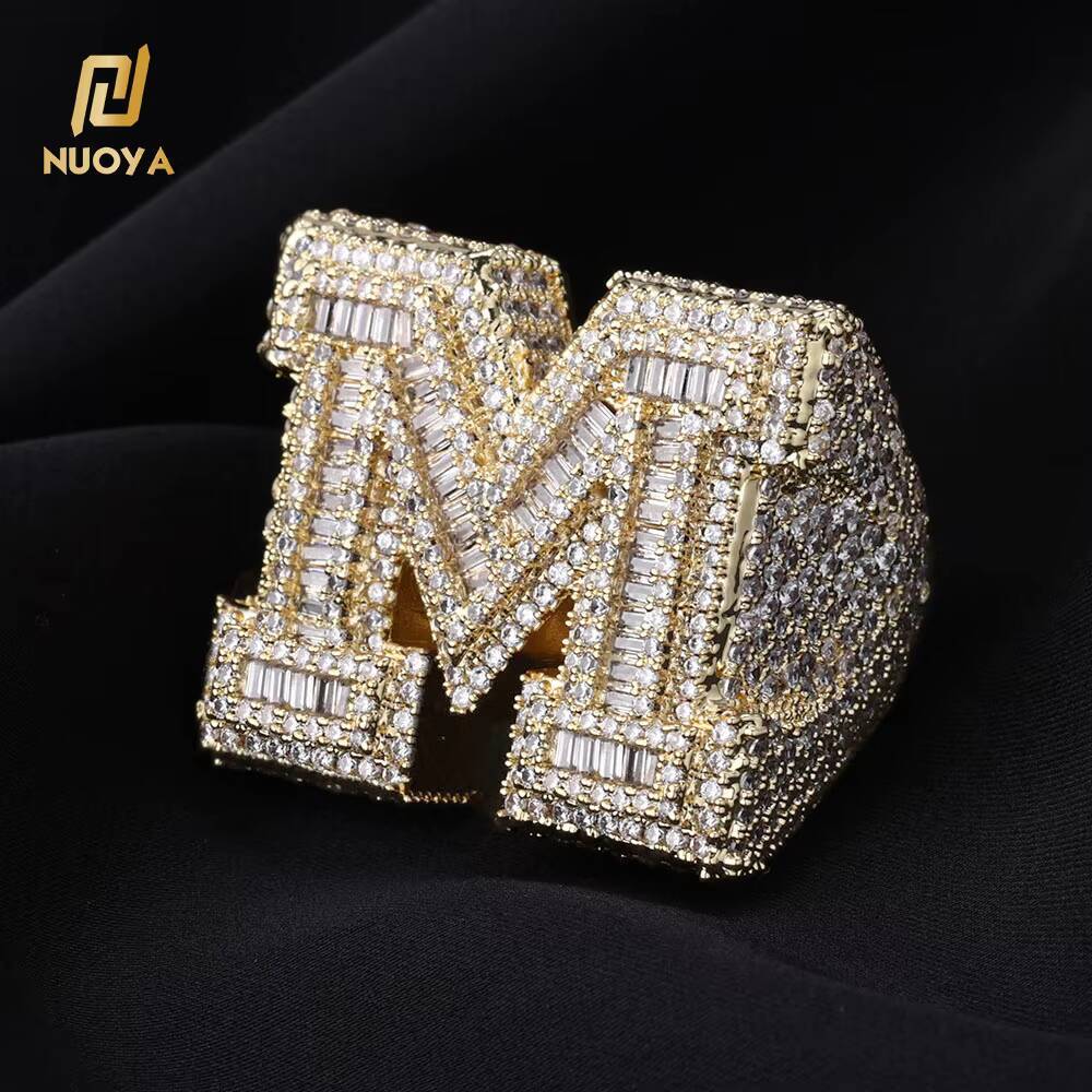 NUOYA Custom Shiny Diamond Jewelry Initial Letter Micro Pave Baguette Moissanite VVS White Gold Plated Iced Out 26 Letters Hip Hop Ring