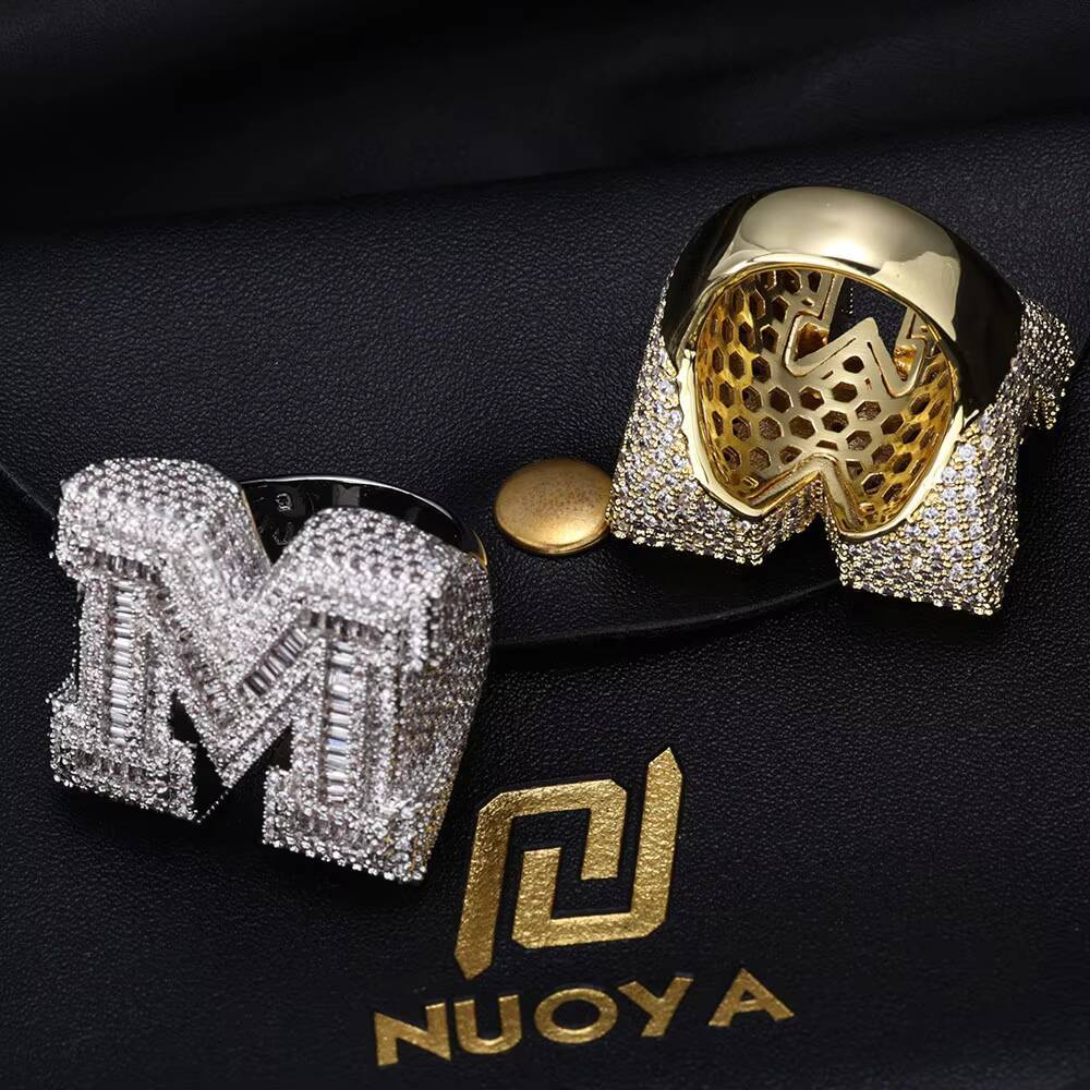 NUOYA Custom Shiny Diamond Jewelry Initial Letter Micro Pave Baguette Moissanite VVS White Gold Plated Iced Out 26 Letters Hip Hop Ring