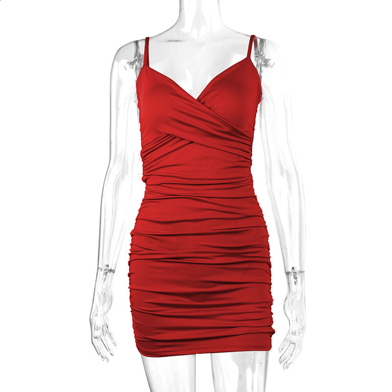 Womens Suspender Dress with Pleatch Detail V-Neck Backless Sexy Mini Dress for Club Party Red Short Dress 251223