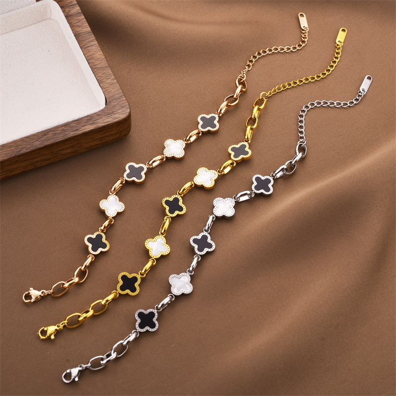 Luxury Brand Designer Jewelry Korean Style Internet Celebrity Temperament Black And White Four-Leaf Clover Steel Bracelet For Women Mori Style Niche D