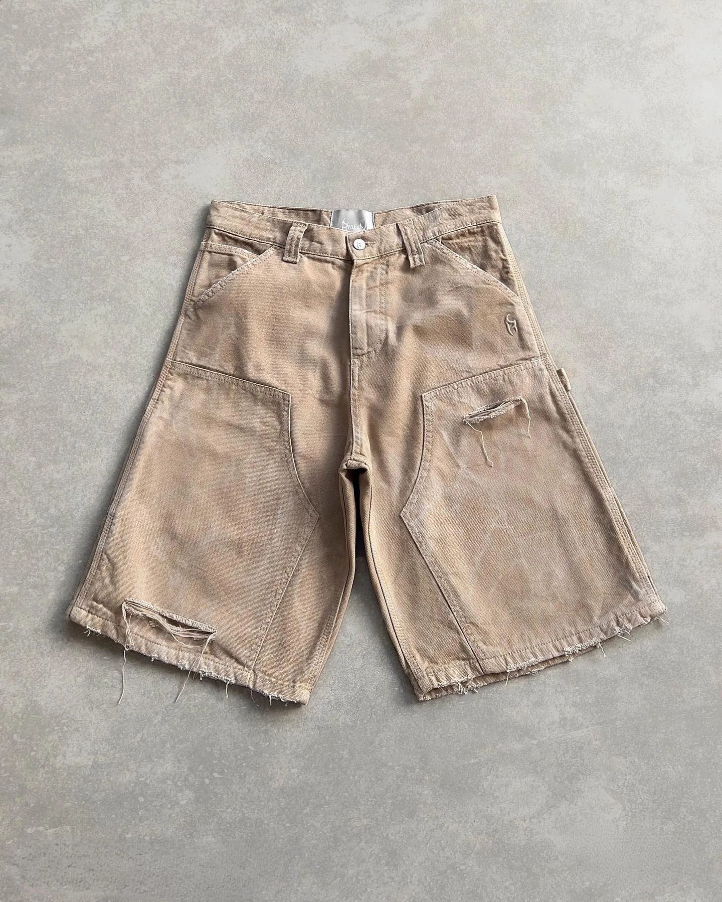 Mens Vintage Washed Denim Shorts Destroyed Mid Thigh Cargo Pockets Distressed Raw Hem Baggy Retro Streetwear Workwear Style 260209