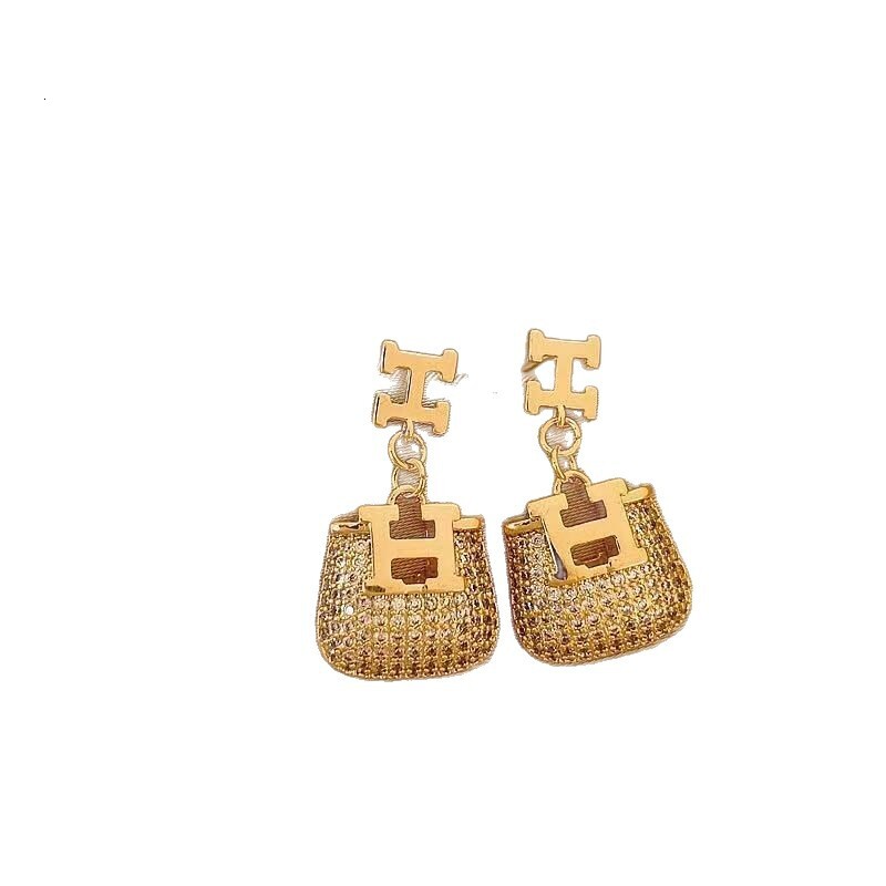 Luxury Brand Designer Jewelry 2026 New Popular Light Luxury Letter H Full-Diamond Bag Earrings Unique Stud Earrings Elegant Women's High-End Acce