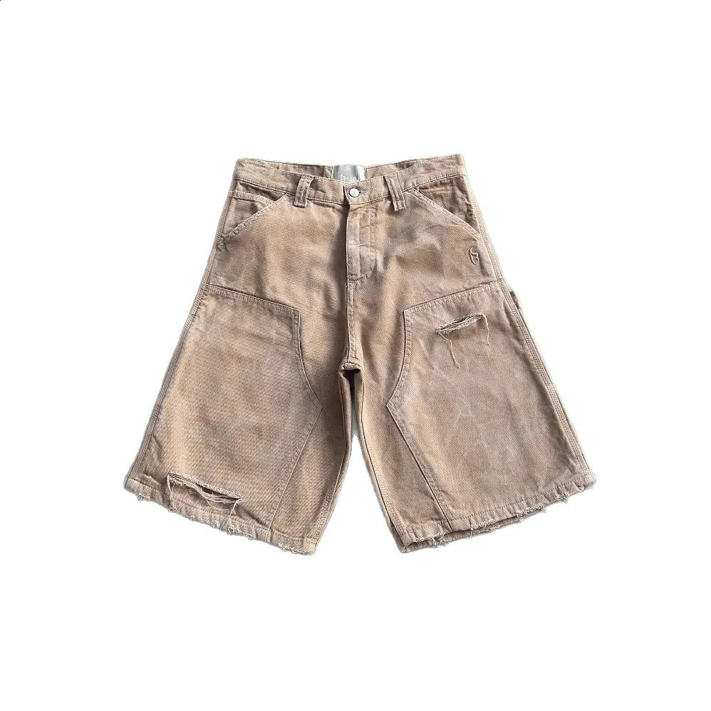 Mens Vintage Washed Denim Shorts Destroyed Mid Thigh Cargo Pockets Distressed Raw Hem Baggy Retro Streetwear Workwear Style 260209