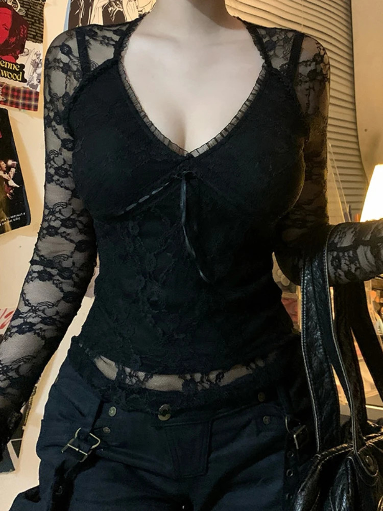 AltGoth Sexy Aesthetic Lace T-shirt Women Vintage Dark Gothic See Through Long Sleeve V-neck Crop Tee Tops Y2k Rave Outfit Femme 260122