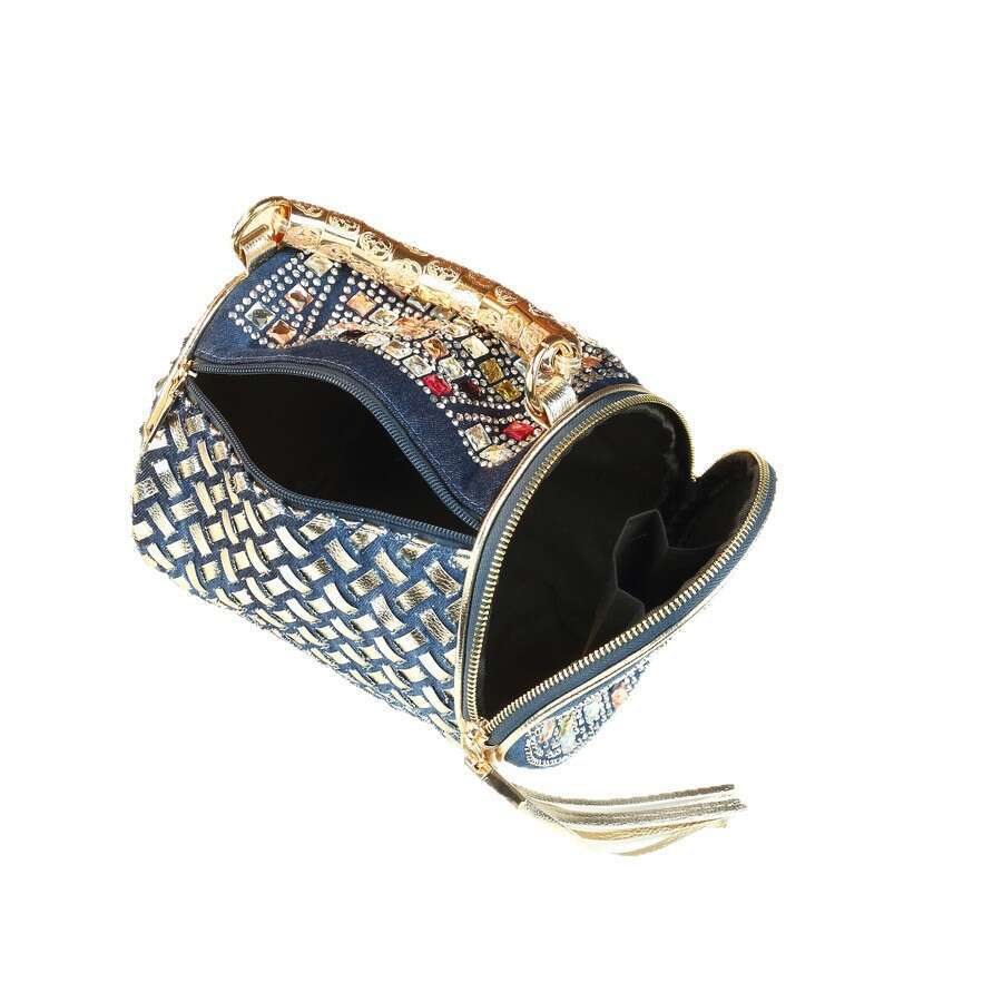 Spring summer fashion new colorful rhinestone-embellished cylindrical handbag for women, American-style banquet woven pattern shoulder and crossbody b