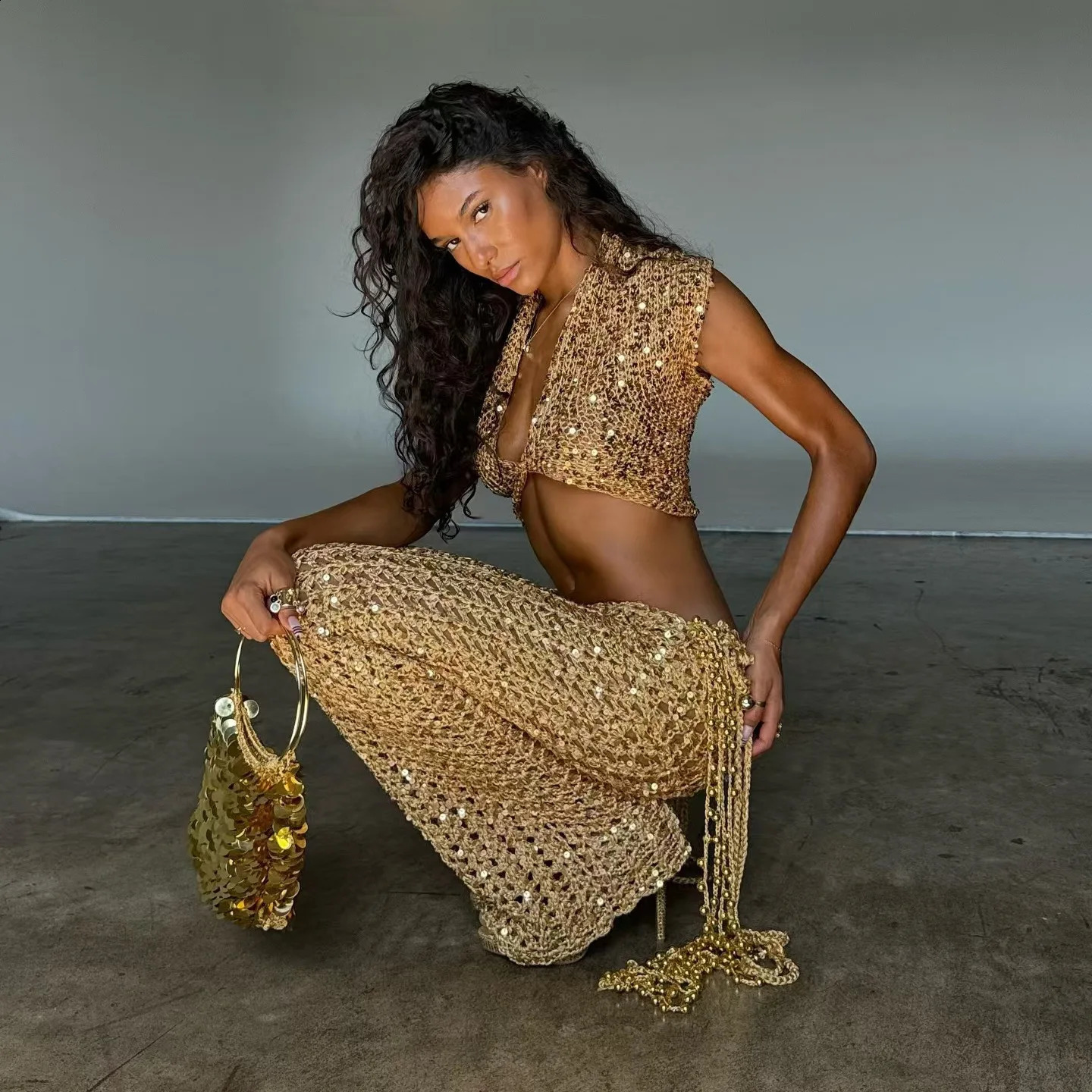 Sexy Sequin Hollow Out Pants Set V-neck Short Sleeved TopPants Two Piece Set Fashion Party Clubwear Evening Festival Outfit 260209