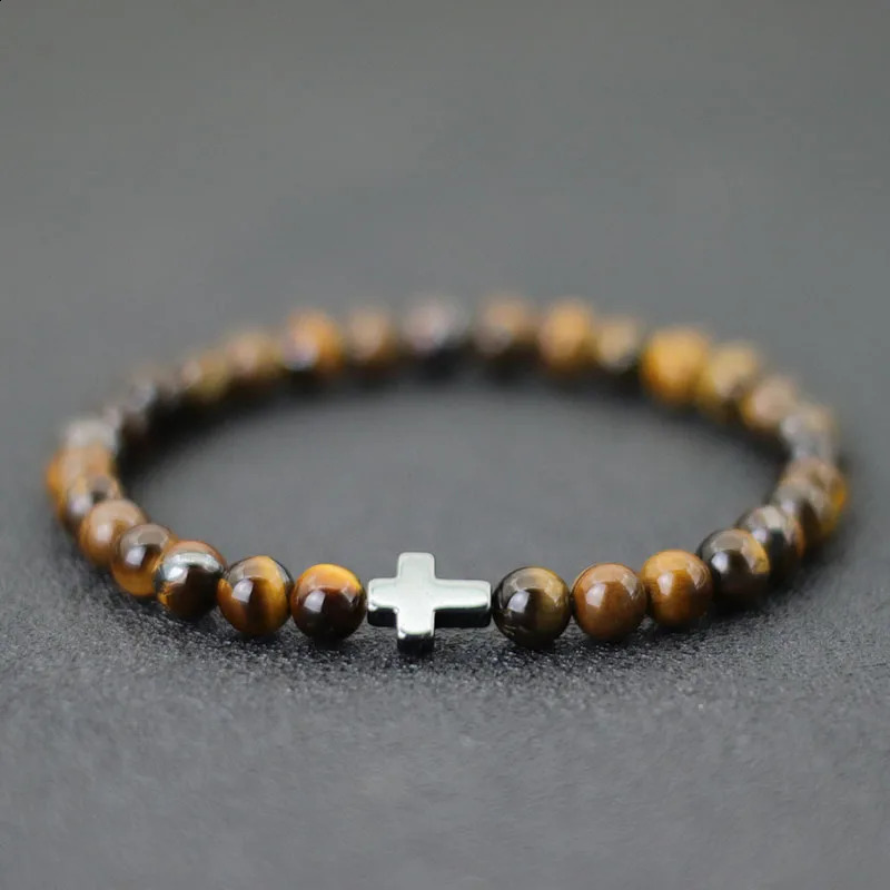 Minimalist Mens Cross Bracelet 6mm Natural Tiger Eyes Stone Braclet Gift For Him Camping Accessories Bileklik Erkek Pulseira 260206