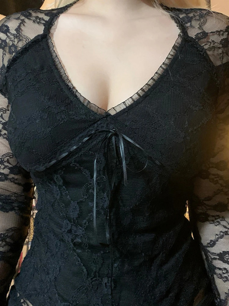 AltGoth Sexy Aesthetic Lace T-shirt Women Vintage Dark Gothic See Through Long Sleeve V-neck Crop Tee Tops Y2k Rave Outfit Femme 260122