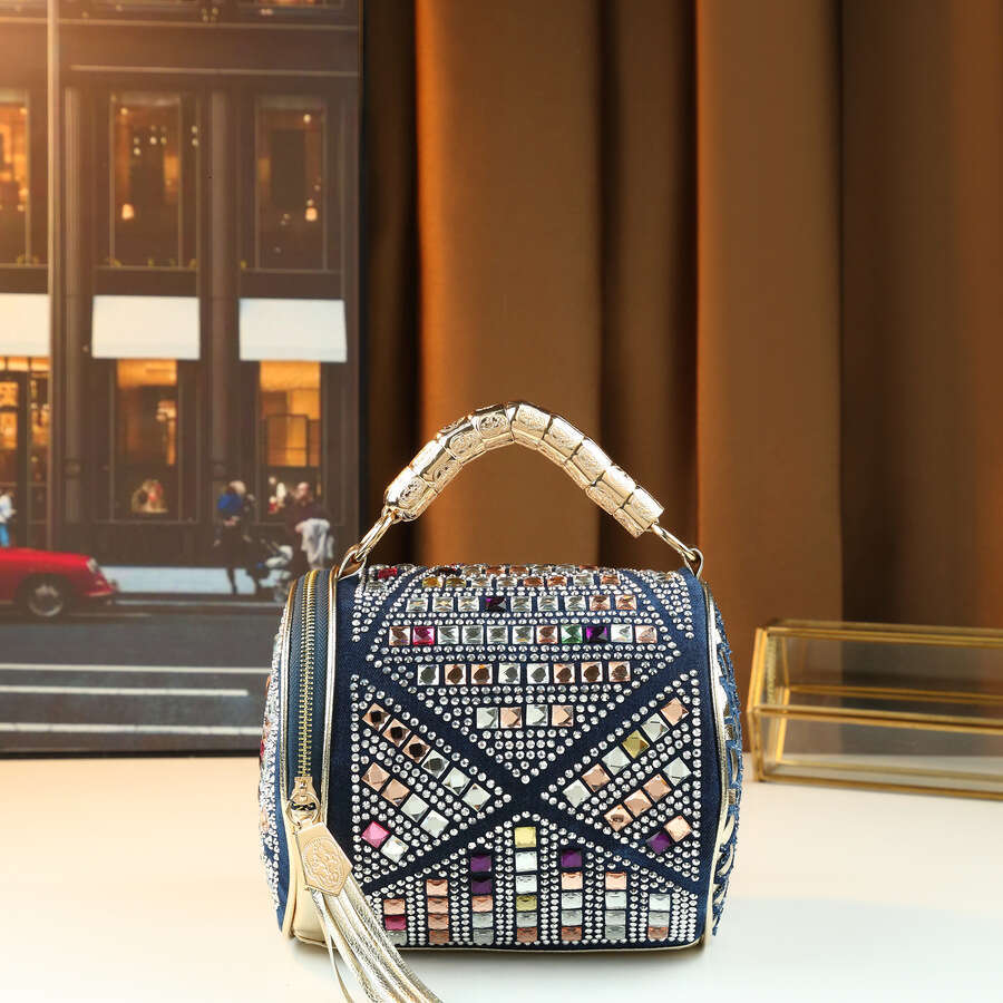 Spring summer fashion new colorful rhinestone-embellished cylindrical handbag for women, American-style banquet woven pattern shoulder and crossbody bag