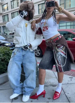 Hip-hop fashion summer street versatile loose casual couple sports punk Harajuku retro zipper personality printed denim shorts 260209
