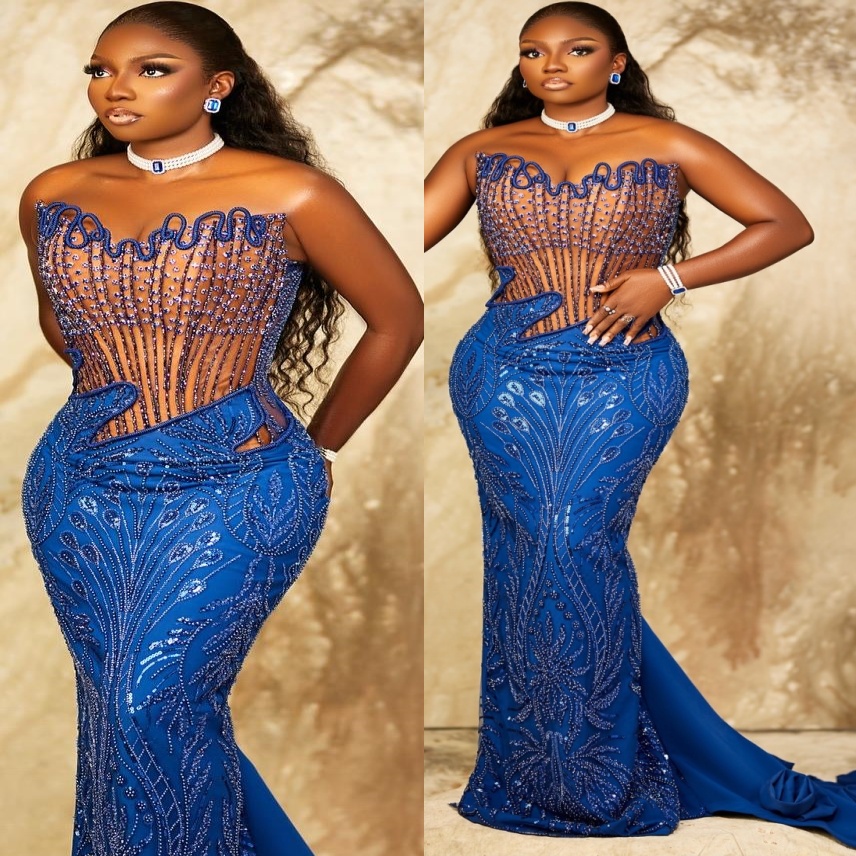 Aso Ebi Royal Blue Mermaid Prom Dresses 2026 Illusion Crystals Beaded Sequined Evening Formal Party Second Birthday Engagement Gowns Dress For Special
