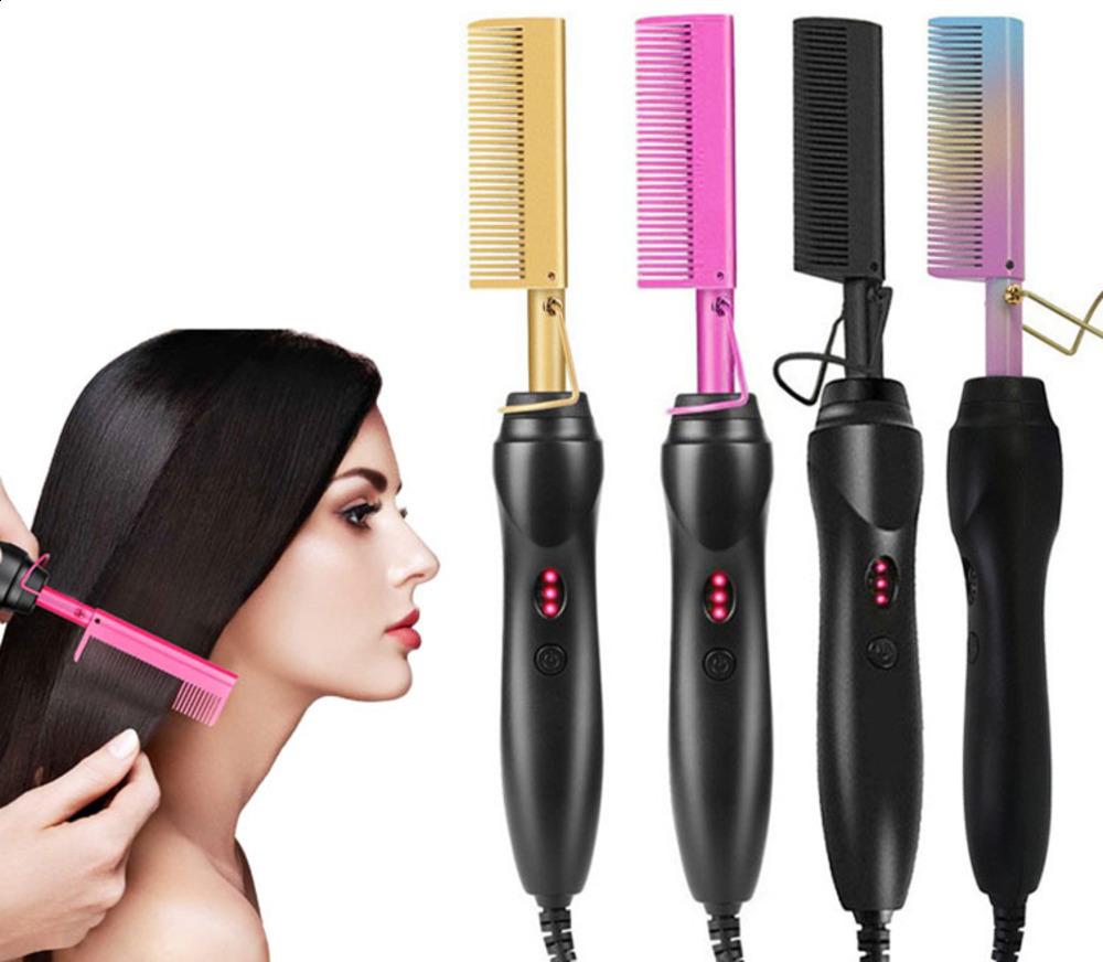 Leeons Black Comb Hair Straightener Flat Iron Electric Heating Comb Wet And Dry Hair Curler Straight Styler Curling Iron 240507