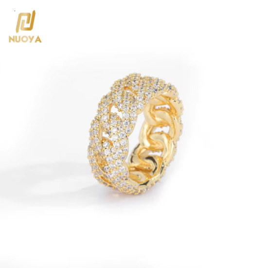 2026Pass Diamond Tester Cuban Chain Style 14K Solid Gold Moissanite Hip Hop Ring Iced Out Round Brilliant Cut Vvs Diamond Band