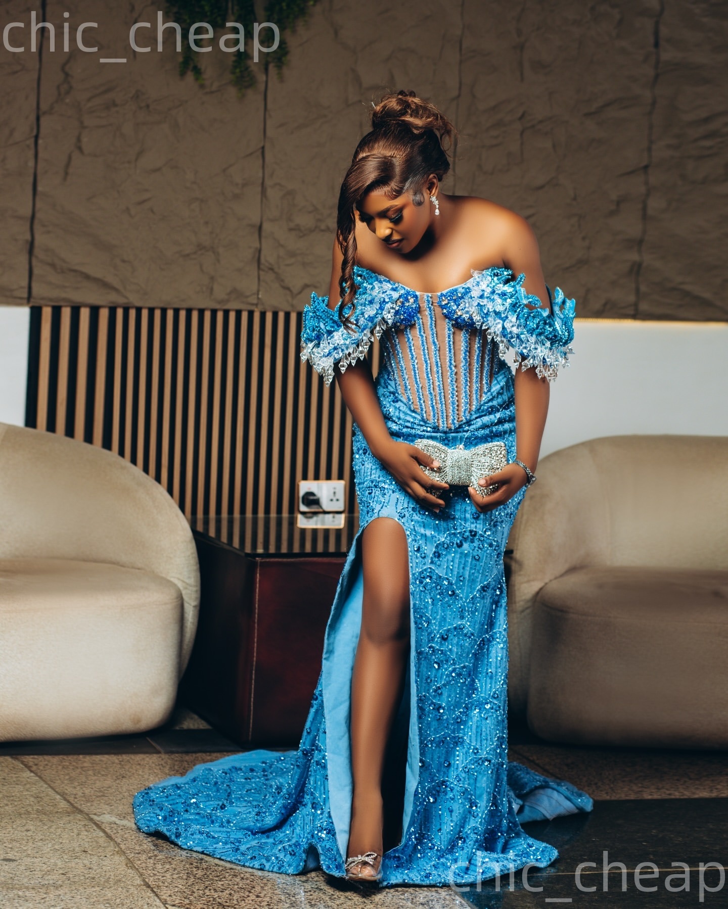 Aso Ebi Blue Mermaid Prom Dresses 2026 Beaded Crystals Florals High Split Evening Formal Party Second Birthday Engagement Gowns Dress For Special Occa