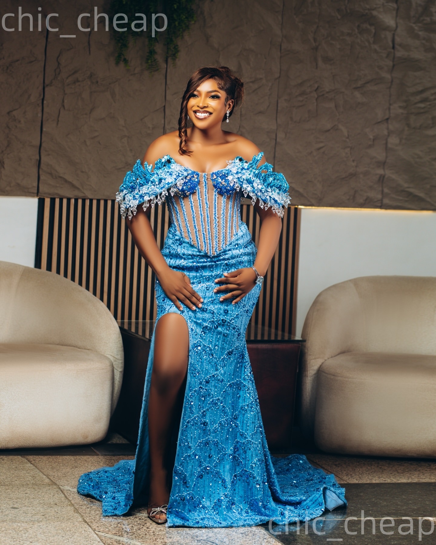 Aso Ebi Blue Mermaid Prom Dresses 2026 Beaded Crystals Florals High Split Evening Formal Party Second Birthday Engagement Gowns Dress For Special Occa