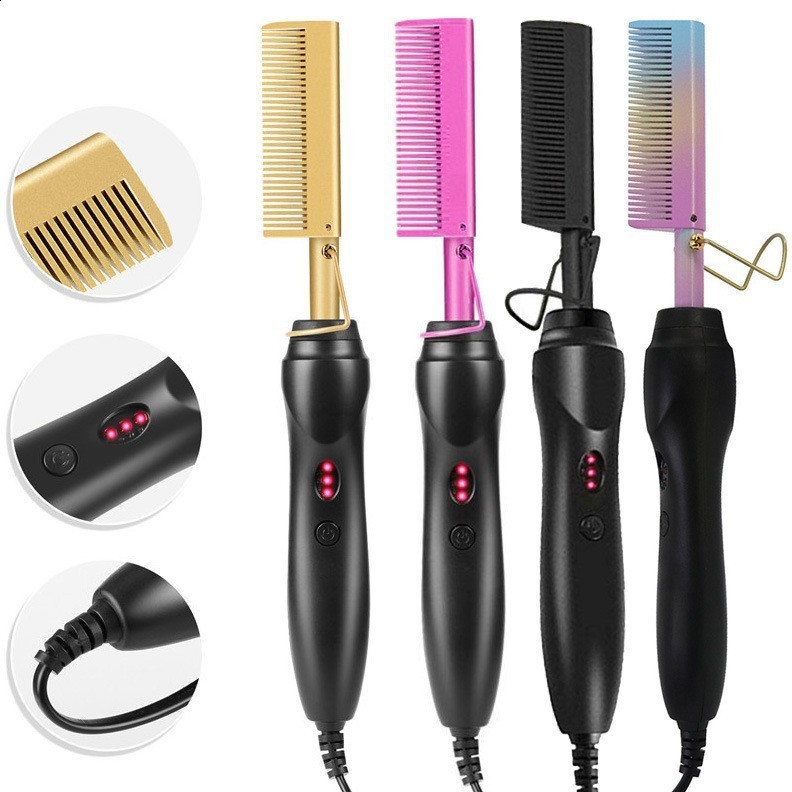 Leeons Black Comb Hair Straightener Flat Iron Electric Heating Comb Wet And Dry Hair Curler Straight Styler Curling Iron 240507