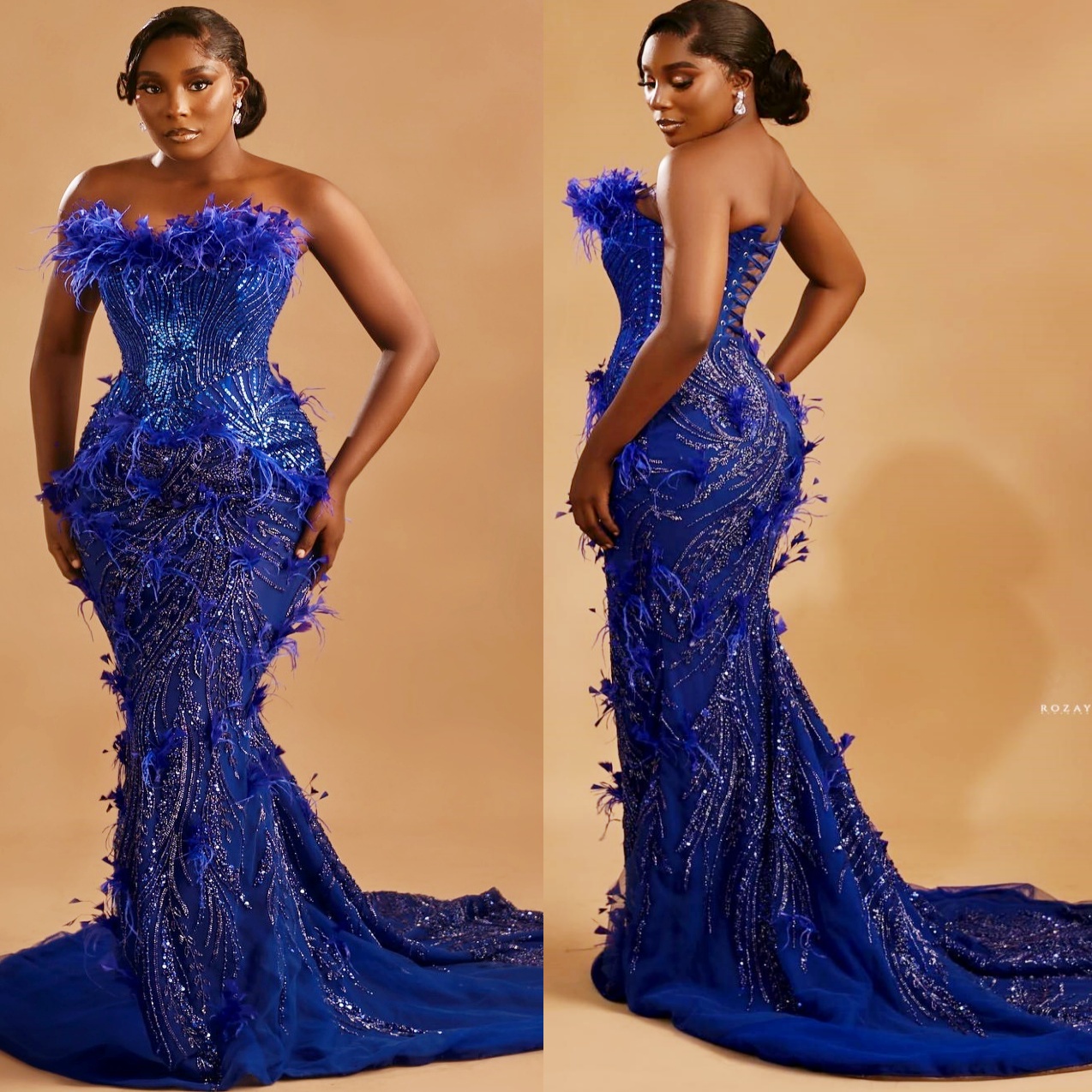 Aso Ebi Royal Blue Mermaid Prom Dresses 2026 Sweetheart Feather Beaded Evening Formal Party Second Birthday Engagement Gowns Dress For Special Occasio