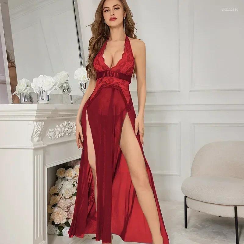 Women's Sleepwear Sexy Lingerie Lace Mesh Slit Night Dress Backless Strap Long Skirt Nightwear Sleeping Womens Nightgown